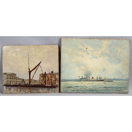 648 - Morgan Alfred Thornley, shipping scene 1959, 41cm x 51cm, and a smaller unsigned study of a barge, o... 