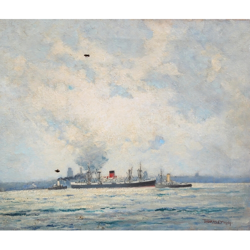 648 - Morgan Alfred Thornley, shipping scene 1959, 41cm x 51cm, and a smaller unsigned study of a barge, o... 