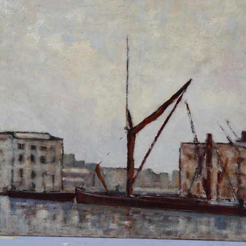 648 - Morgan Alfred Thornley, shipping scene 1959, 41cm x 51cm, and a smaller unsigned study of a barge, o... 