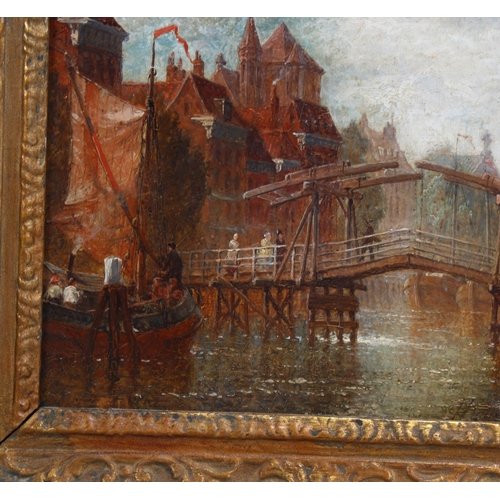 651 - 19th century Dutch School, bridge over a canal, indistinctly signed, 20cm x 25cm, framed