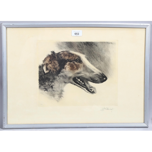 653 - Kurt Maeyer-Eberhardt, dog's head, coloured etching, signed in pencil, plate 25cm x 30cm, framed