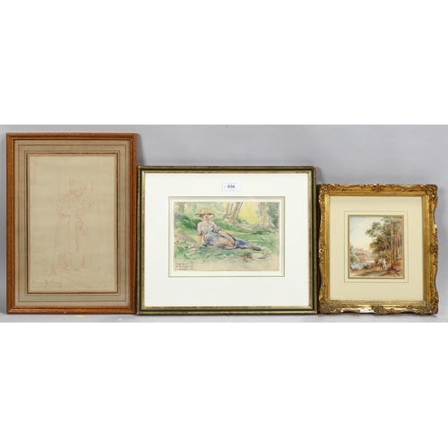 656 - 2 watercolours plus 1 sanguine chalk drawing, various subjects, all signed, framed (3)