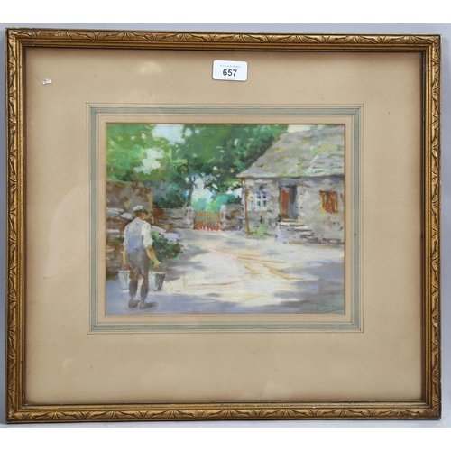 657 - Frank Waddington, farm worker, coloured pastels, signed, 22cm x 27cm, framed