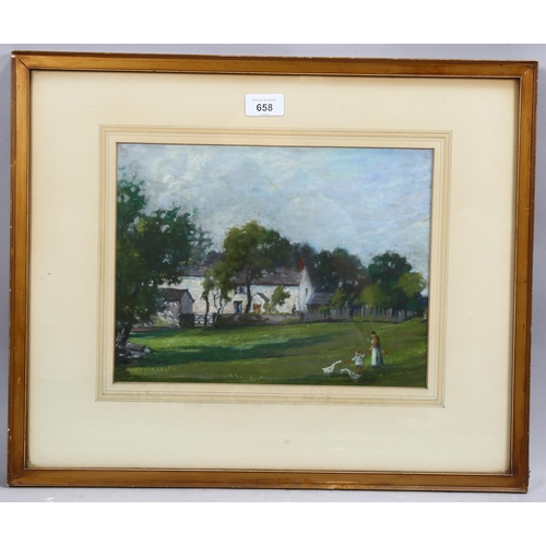 658 - Frank Waddington, landscape with geese, coloured pastels, signed, 22cm x 27cm, framed