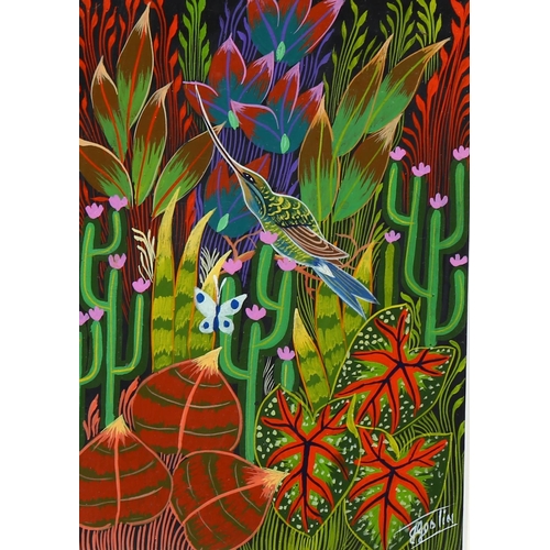 663 - Jaques Geslin (Haitian artist), insect eater, acrylic, signed, 17.5cm x 12.5cm, framed