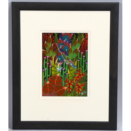 663 - Jaques Geslin (Haitian artist), insect eater, acrylic, signed, 17.5cm x 12.5cm, framed