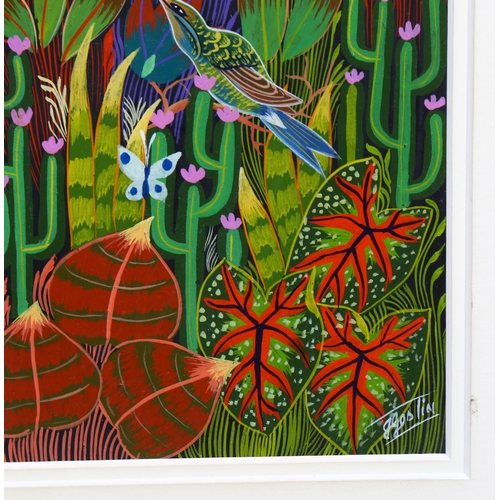 663 - Jaques Geslin (Haitian artist), insect eater, acrylic, signed, 17.5cm x 12.5cm, framed