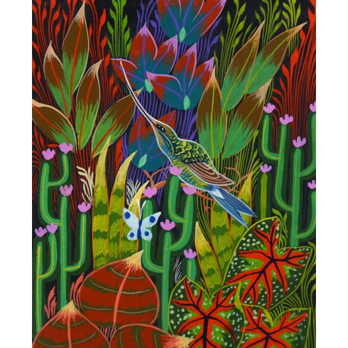 663 - Jaques Geslin (Haitian artist), insect eater, acrylic, signed, 17.5cm x 12.5cm, framed