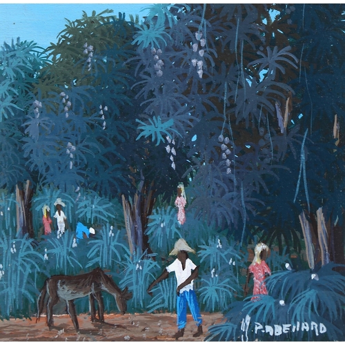 664 - P Benard?, 2 Haitian jungle scenes, gouache, indistinctly signed, 9.5cm x 9.5cm, framed