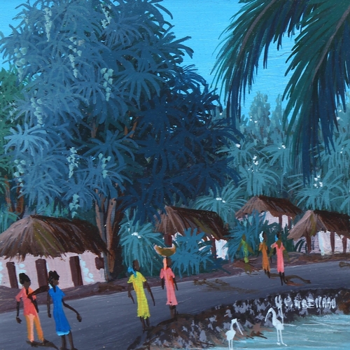 664 - P Benard?, 2 Haitian jungle scenes, gouache, indistinctly signed, 9.5cm x 9.5cm, framed