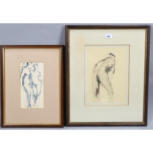 669 - Roland Pitchforth, 2 Classical nude sketches, ink and watercolour, signed, largest 28cm x 20cm, fram... 