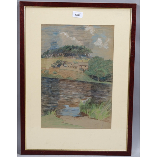 670 - Arabella Rankin (1871 - 1943), Cornish farm landscape, circa 1920s, pastels, signed, 39cm x 27cm, fr... 