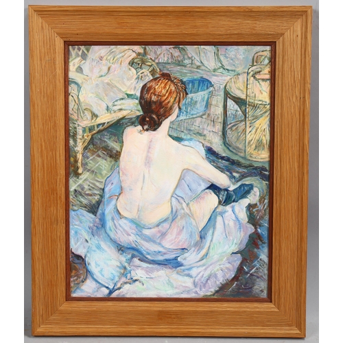 671 - Ruth Bayes, woman at the toilette, after Toulouse-Lautrec, oil on board, 37cm x 29cm, framed