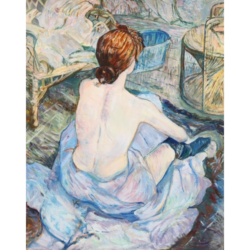 671 - Ruth Bayes, woman at the toilette, after Toulouse-Lautrec, oil on board, 37cm x 29cm, framed