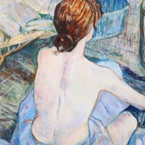 671 - Ruth Bayes, woman at the toilette, after Toulouse-Lautrec, oil on board, 37cm x 29cm, framed