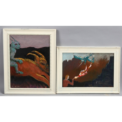 673 - Pair of contemporary abstract mythical compositions, oils on board, indistinctly signed, 28cm x 40cm... 