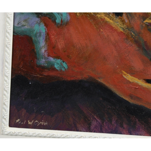 673 - Pair of contemporary abstract mythical compositions, oils on board, indistinctly signed, 28cm x 40cm... 