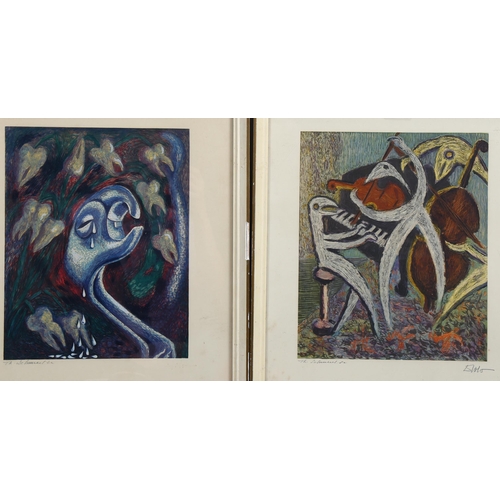 677 - Pair of abstract lithographs, circa 1950s, indistinctly signed in pencil, image 30cm x 25cm, framed