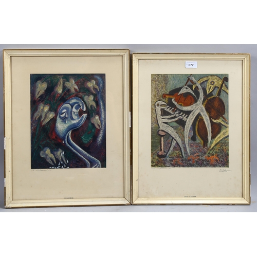 677 - Pair of abstract lithographs, circa 1950s, indistinctly signed in pencil, image 30cm x 25cm, framed