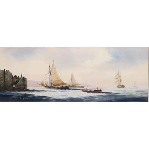 678 - Ken Hammond, busy shipping scene, watercolour, signed, 16cm x 40cm, framed