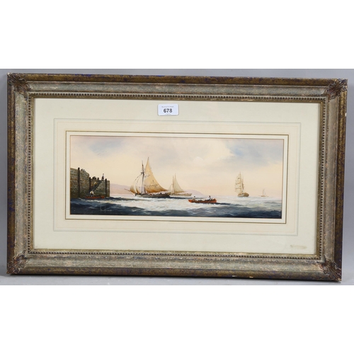 678 - Ken Hammond, busy shipping scene, watercolour, signed, 16cm x 40cm, framed