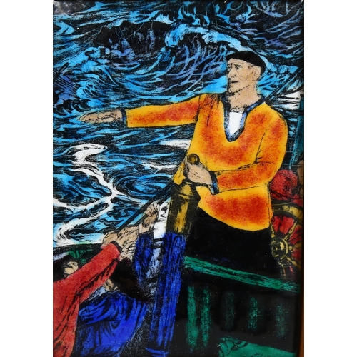 681 - Valetin De Zubiaurre (1879 - 1963), fishermen at sea, enamel painting circa 1940s, 13cm x 9cm, frame... 