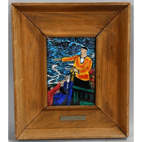 681 - Valetin De Zubiaurre (1879 - 1963), fishermen at sea, enamel painting circa 1940s, 13cm x 9cm, frame... 