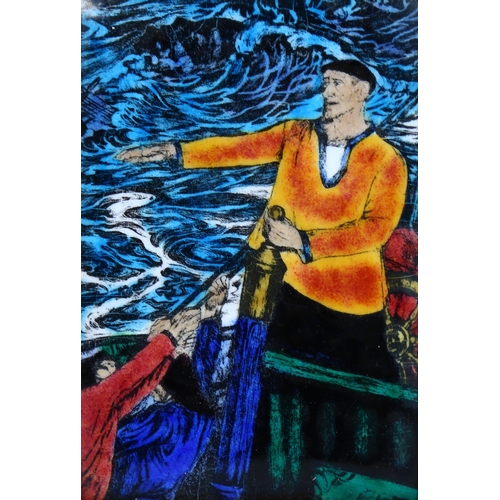 681 - Valetin De Zubiaurre (1879 - 1963), fishermen at sea, enamel painting circa 1940s, 13cm x 9cm, frame... 