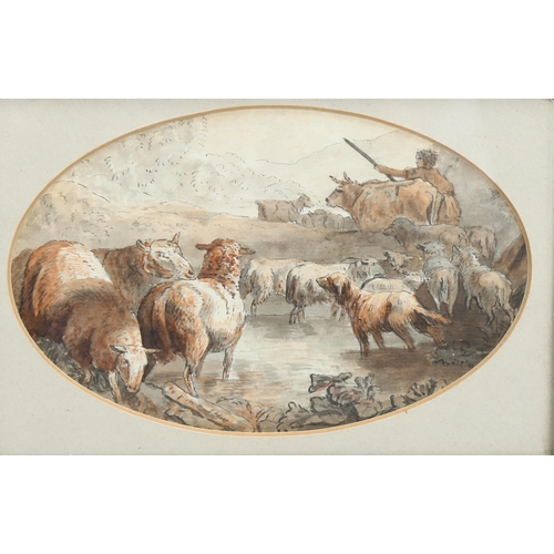 682 - 19th century British School, shepherd and flock, watercolour, unsigned, 11cm x 17cm, framed