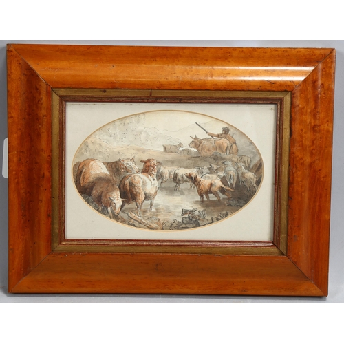 682 - 19th century British School, shepherd and flock, watercolour, unsigned, 11cm x 17cm, framed