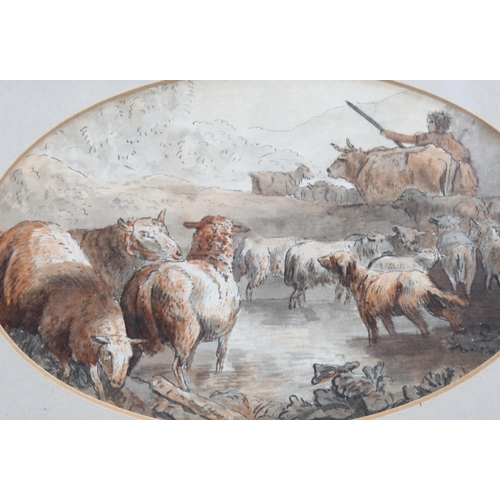 682 - 19th century British School, shepherd and flock, watercolour, unsigned, 11cm x 17cm, framed