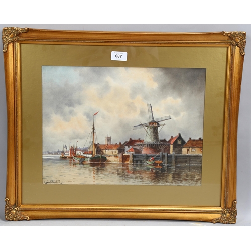 687 - Louis Van Staaten (1859 -1924), Dutch canal scene, watercolour, signed, 30cm x 40cm, framed