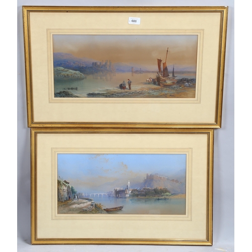 688 - Edward Richardson, pair of Continental landscapes, watercolour, signed, 21cm  x 48cm, framed