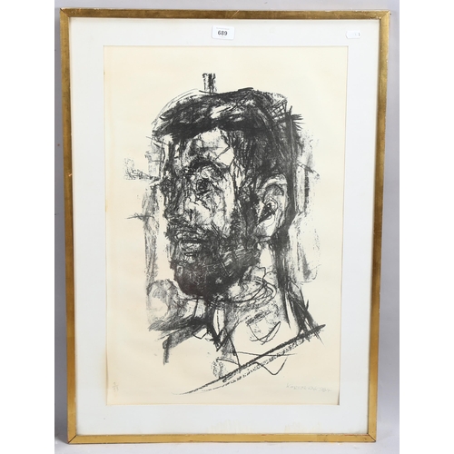 689 - Rudolf Kortokraks (born 1929), head study, lithograph signed in pencil, 65cm x 42cm, framed