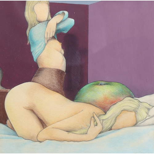 691 - Michael Mycock, 2 girls in the bedroom, watercolour/pastel, 20cm x 20cm, framed