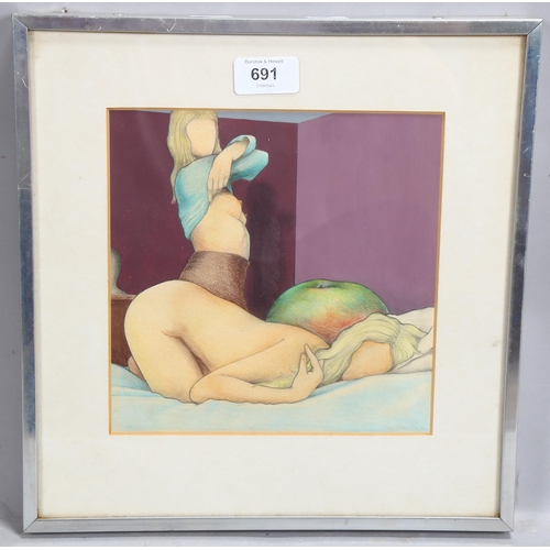 691 - Michael Mycock, 2 girls in the bedroom, watercolour/pastel, 20cm x 20cm, framed