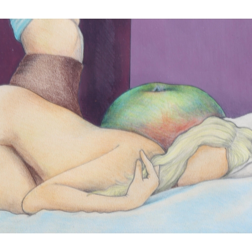 691 - Michael Mycock, 2 girls in the bedroom, watercolour/pastel, 20cm x 20cm, framed