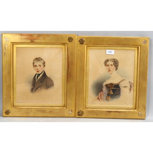 692 - Pair of 19th century watercolour portraits of a man and woman, unsigned, 26cm x 22cm, framed