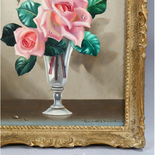 693 - Alexander Wilson, still life roses, oil on board, signed, 35cm x 24cm, framed