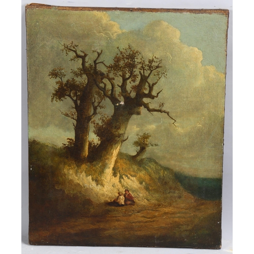 698 - 18th century oil on canvas, travellers resting by a tree, unsigned, 60cm x 48cm, unframed