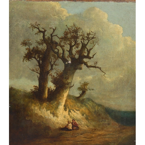 698 - 18th century oil on canvas, travellers resting by a tree, unsigned, 60cm x 48cm, unframed