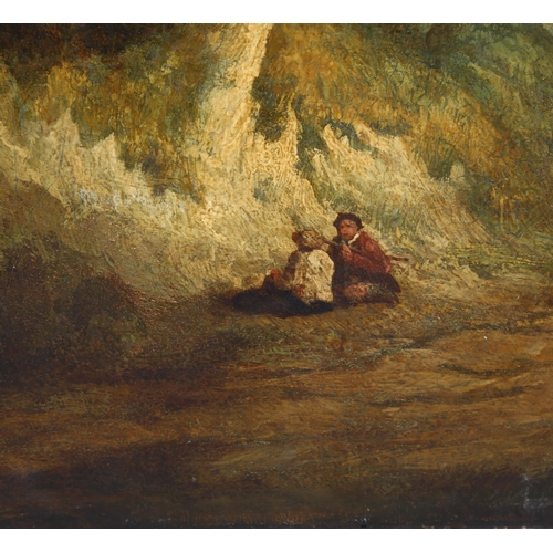 698 - 18th century oil on canvas, travellers resting by a tree, unsigned, 60cm x 48cm, unframed