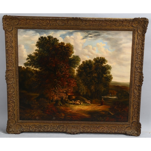 702 - 19th century British School, rural landscape with sheep, oil on canvas, unsigned, 61cm x 74cm, frame... 