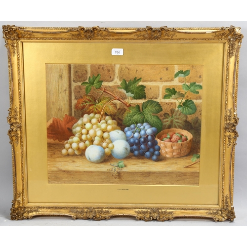 706 - J Clapham, still life study fruit, watercolour, signed, 41cm x 52cm, framed