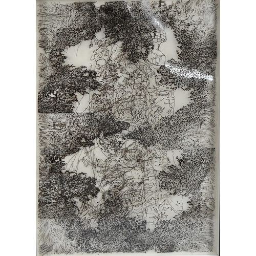 708 - Sandra Liccioni, 3 landscapes, multi-layer ink on diacetate, 2004, overall frame dimensions 33cm x 4... 