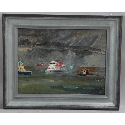 712 - John Owen, Dover port in a storm, oil on board, signed, 30cm x 40cm, framed