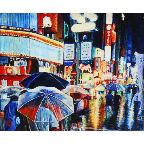 714 - 3 contemporary city scene, oils on canvas, signed with monograms, 25cm x 35cm, 2 framed (3)