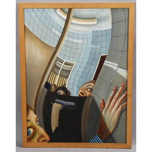 716 - R Scobie, bathroom scene, oil on board, signed and dated '93, 60cm x 45cm, framed