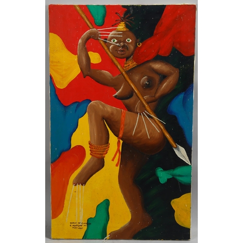 717 - T Moffett, dance of colours, oil on canvas, signed, 76cm x 46cm, unframed