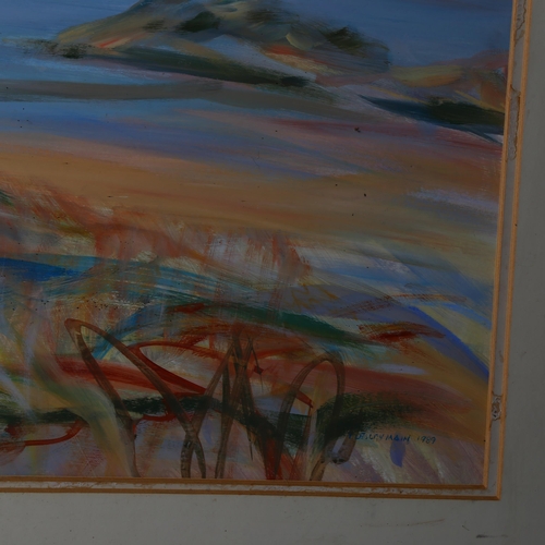 720 - I Leslie Main, early morning Western Isles, mixed media on board, signed and dated 1989, Exhibition ... 